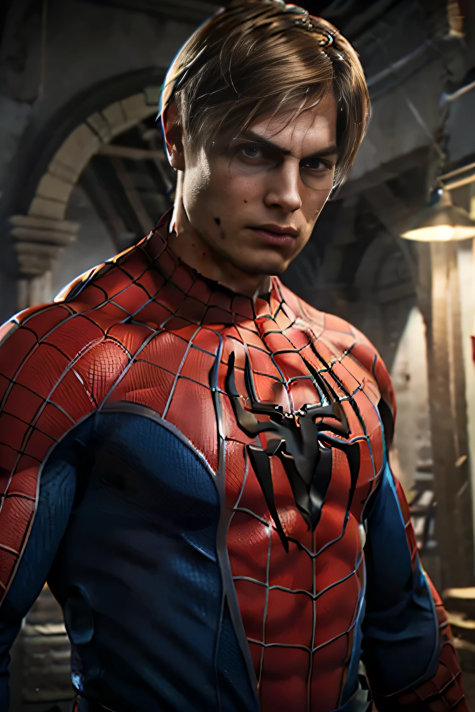 1 man, flat style, illustration, young man, 27 year old, Leon S. Kennedy from Resident evil 4, face of Eudard Badaluta, solo, white skin, muscular, lean muscle man, tall, hunk, wide shoulder, clean-shaven , light blonde hair, curtain hairstyle, spiderman suit, viewer looking, high resolution:1.2, best quality, upper body shot, close up shot, cloudy sky and old Spanish village background, nightime, low camera angle, volumetric lighting, depth of field