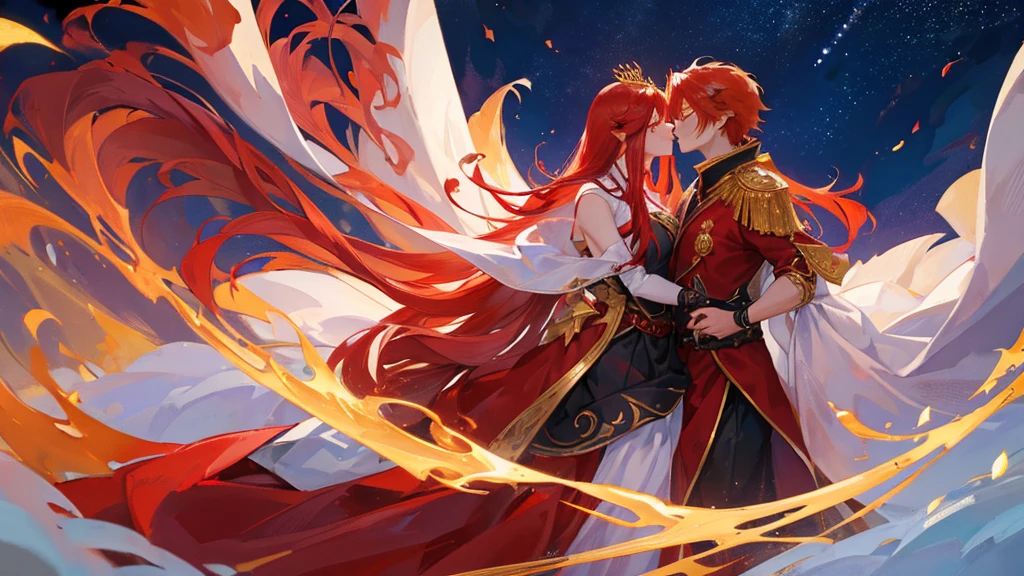 beutiful girl, red hair, nine tailed fox, fox, royal clothes, handsome boy, red hair, gold leaf crown, black royal clothes, crescent-shaped blade, night sky, kiss pose, couple, 8k resolution