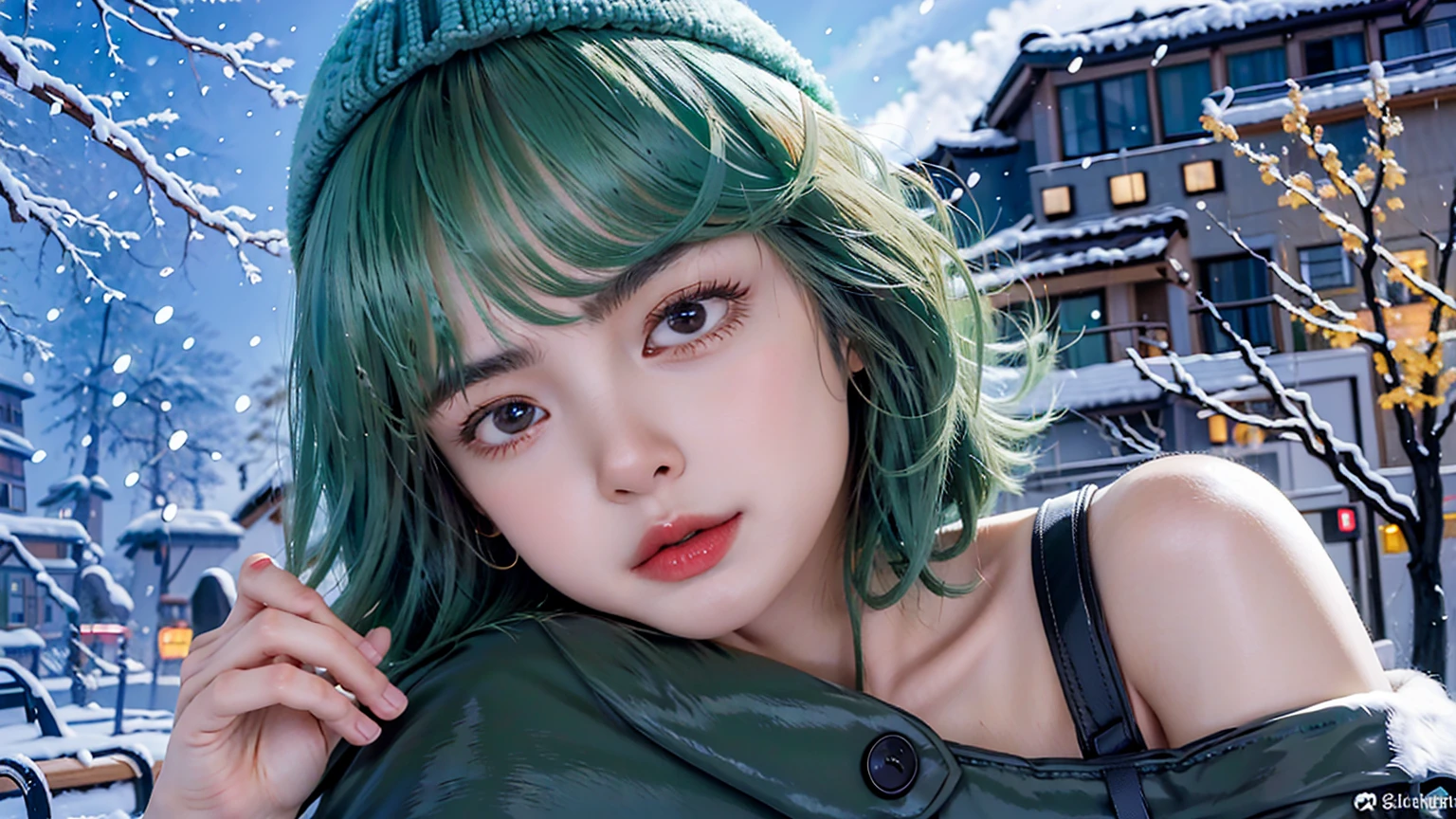 tatsumaki, green hair, perfect body, perfect breasts, wearing a beanie, wearing a winter jacket, wearing a duffle coat, carrying a bag, wearing a watch, wearing earrings, in public, creatures in Tokyo city, on the street, snow in road, it's snowing, looking at the viewer, a slight smile, realism, masterpiece, textured skin, super detail, high detail, high quality, best quality, 1080p, 16k