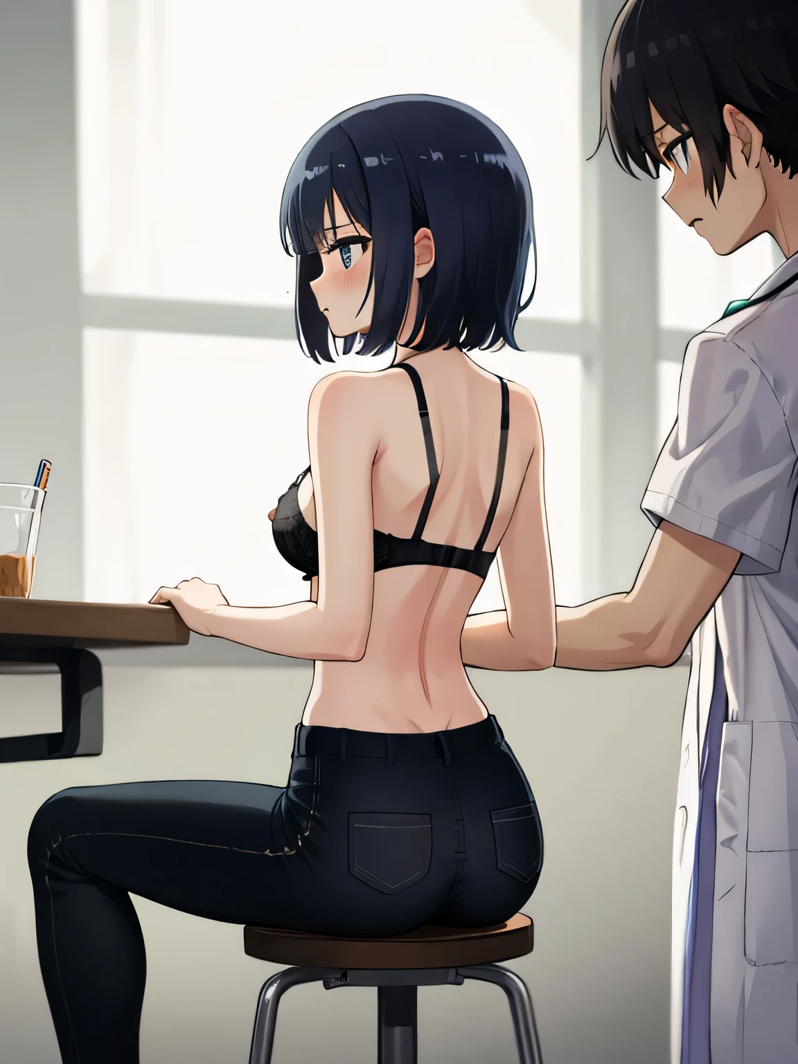 highest quality, High resolution, 1 girl, focus only, (big breasts:0.01), it is in it, black pants, blush, embarrassing,Reluctant, short hair, black hair, examination room, doctors around, round stool, sitting, black bra, back view, back, unhooking bra, directly behind, nipples