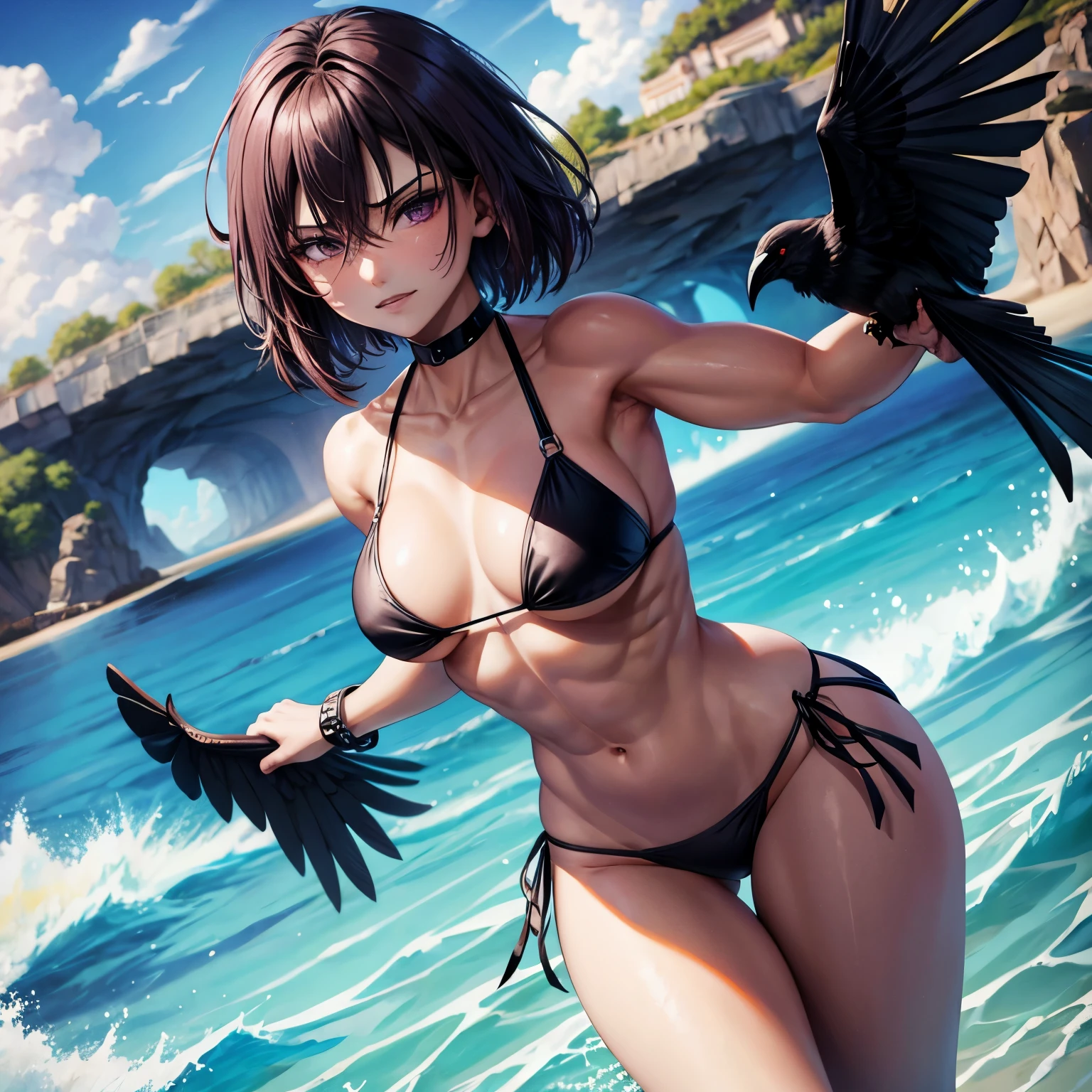 Muscular raven in bikini 