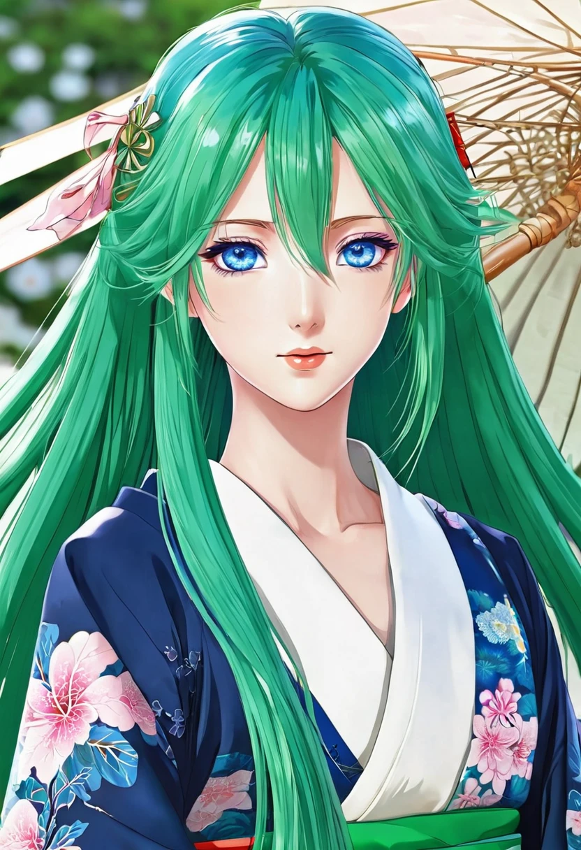 Anime girl with blue eyes, long green hair, and Japanese clothes 