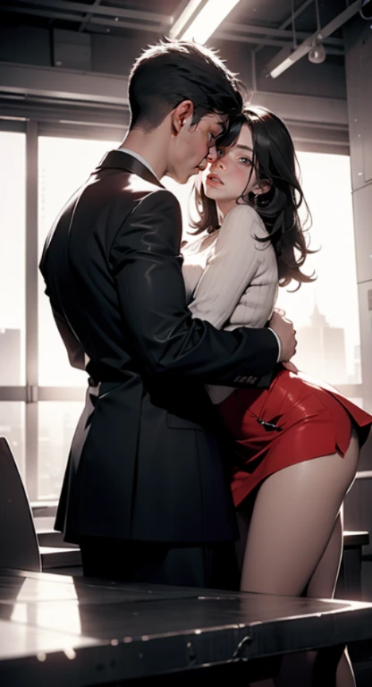 1 boy, 1 Girl, beautiful hair, a Girl in a short skirt sits on the table, the Girl bends her knees, the Girl hugs the guy with her legs, looks lovingly into his eyes, the Girl gently presses against the guy, the guy lifts her skirt and fucks her very well , 4k, 8K, hight resolution, Masterpiece: 1.2), ultrademererization, Realism, HDR, UHD, studio light, extreme detail, Professional, Bright colors, sides, portrait toy: 1.1, Girl: 1.1) ,