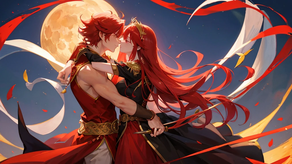beutiful girl, red hair, nine tailed fox, fox, royal clothes, handsome boy, red hair, gold leaf crown, black royal clothes, crescent-shaped blade, night sky, kiss pose, couple, 8k resolution