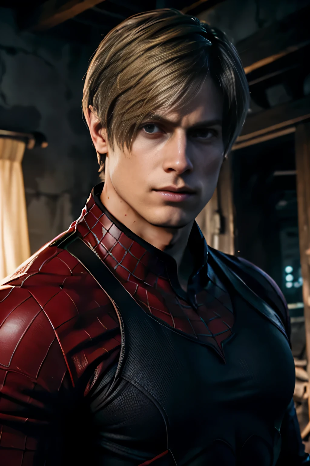 1 man, flat style, illustration, young man, 27 year old, Leon S. Kennedy from Resident evil 4, face of Eudard Badaluta, solo, white skin, muscular, lean muscle man, tall, hunk, wide shoulder, clean-shaven, light blond hair, curtain hairstyle, dark brown cold long sleeve spiderman suit, viewer looking, high resolution:1.2, best quality, upper body shot, close up shot, cloudy sky and old Spanish village background, nightime, low camera angle, volumetric lighting, depth of field, shadow