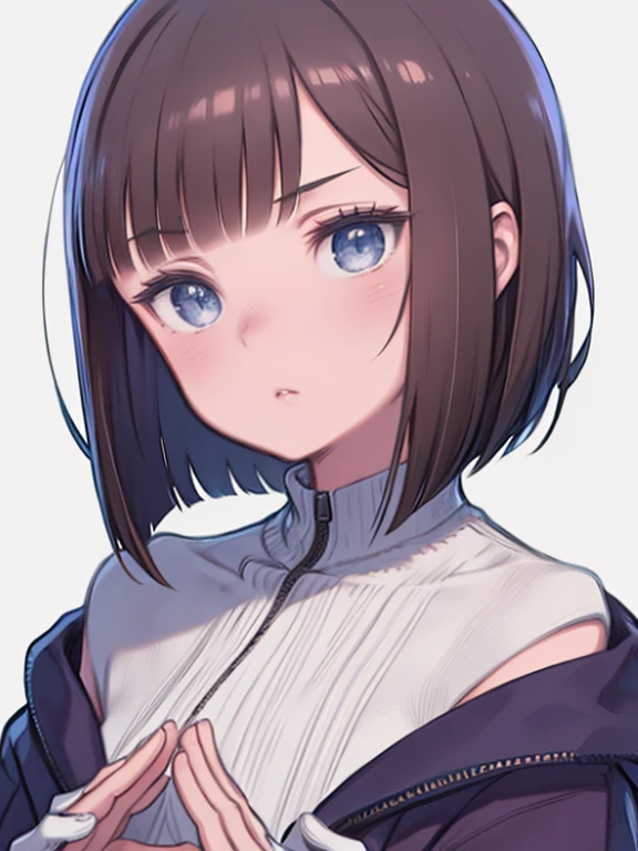 girl, brown hair, bob haircut, With bangs, purple snow jacket with green sweater inside, folded hands, A little serious look, Big eyes,  white gloves, blue eyes,