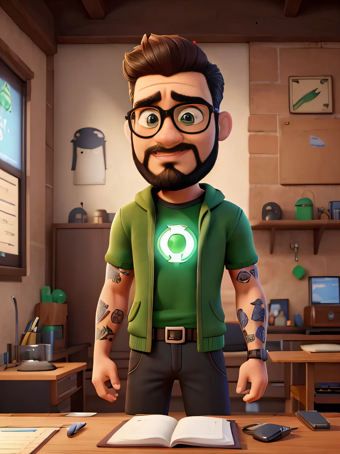 Homem 32 anos, cabelo preto, beard wears glasses, se chama dom, hacker usa roupa social no stilo hacker, tem um brinco pequeno na orelha, big eyes have expression marks on the forehead, has a cute and trustworthy manner, very beautiful on his right hand he has a pen and he has a modern tattoo on his arm, on his left hand he wears a green lantern ring, tem estilo do tomou stark
