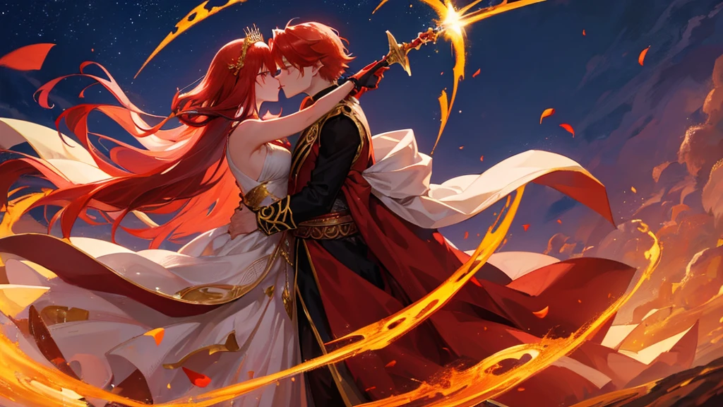 beutiful girl, red hair, nine tailed fox, fox, royal clothes, handsome boy, red hair, gold leaf crown, black royal clothes, crescent-shaped blade, night sky, kiss pose, couple, 8k resolution