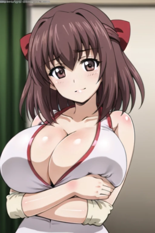(anime cels style, best quality, high resolution, megami magazine, anime poster style, sharp, photorealistic), (beautiful eyes:1.2), kondou_taeko, Girls und Panzer, 1girl, solo, smile, gray eyes, brown medium hair, hair intakes, red headband, (sagging huge breast:1.5), (wet, Volleyball uniform, sleeveless), (upper body, standing), (perfect detailed anatomy, beautiful face, perfect body, perfect arms, shiny skin), sunshine, bluesky,