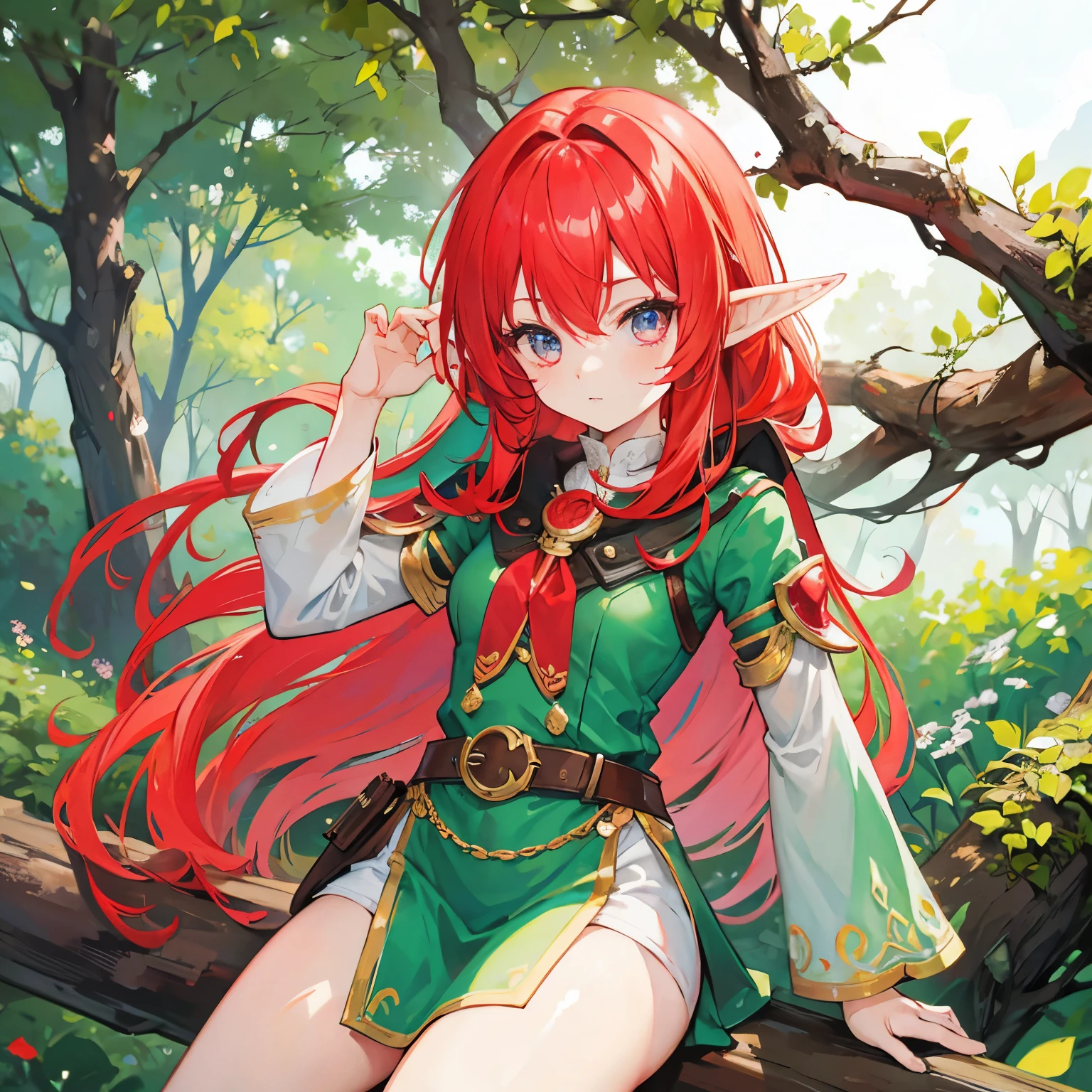 Cute tree elf girl with bright red hair.