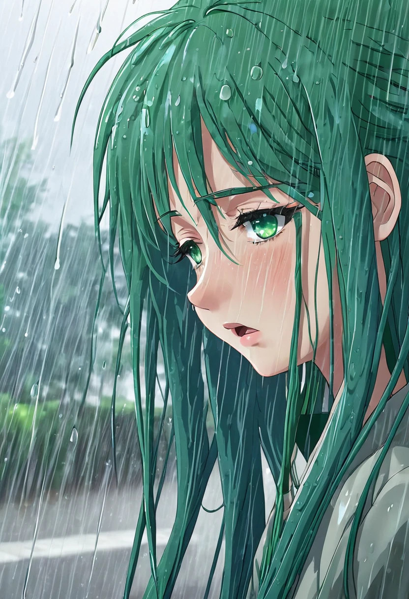 An anime girl with blue eyes and long green hair crying in the rain 