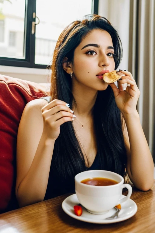 A 30-year-old woman of mixed Indian and Moroccan , long hair , very realistic, Classy and pretty, chilling at home. Eating her breakfast.