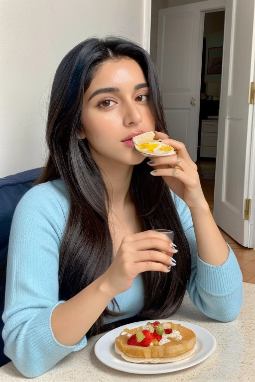 A 30-year-old woman of mixed Indian and Moroccan , long hair , very realistic, Classy and pretty, chilling at home. Eating her breakfast.