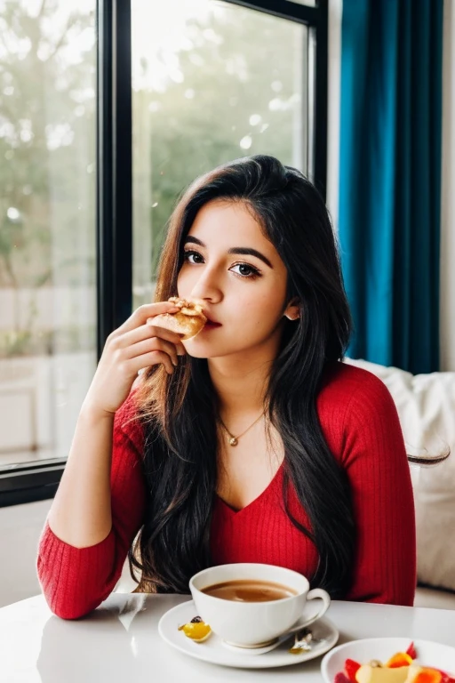 A 30-year-old woman of mixed Indian and Moroccan , long hair , very realistic, Classy and pretty, chilling at home. Eating her breakfast.