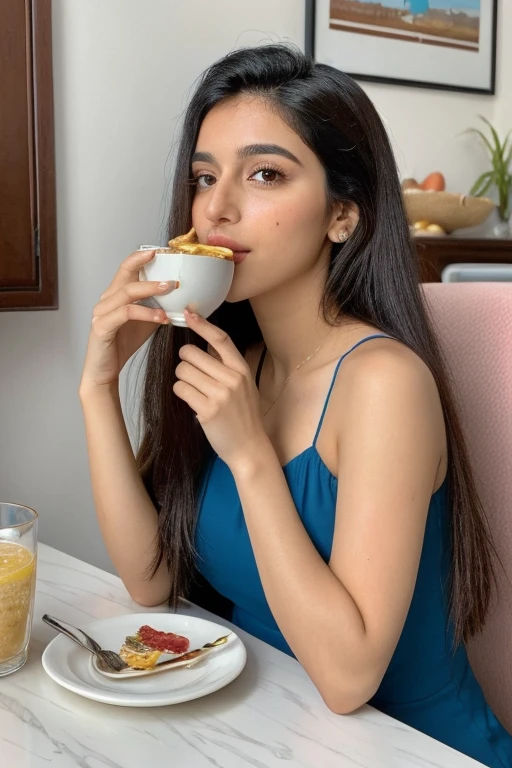 A 30-year-old woman of mixed Indian and Moroccan , long hair , very realistic, Classy and pretty, chilling at home. Eating her breakfast.