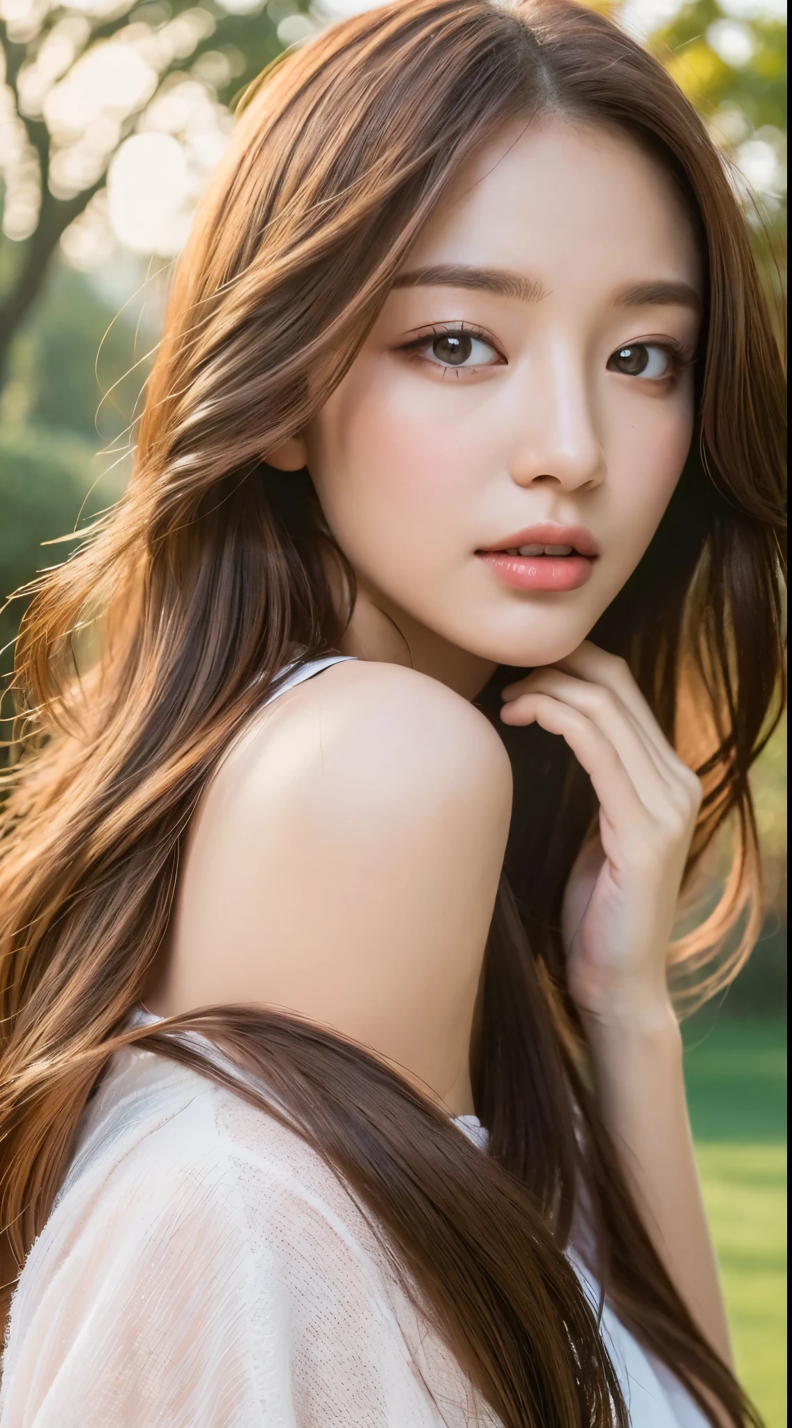 ((highest quality, 8K, masterpiece :1.3)), 1 girl, Pretty woman with emphasizing, light brown hair, go to the park in the evening, (Backlight :1.2), super detailed face, fine eyes, double eyelid