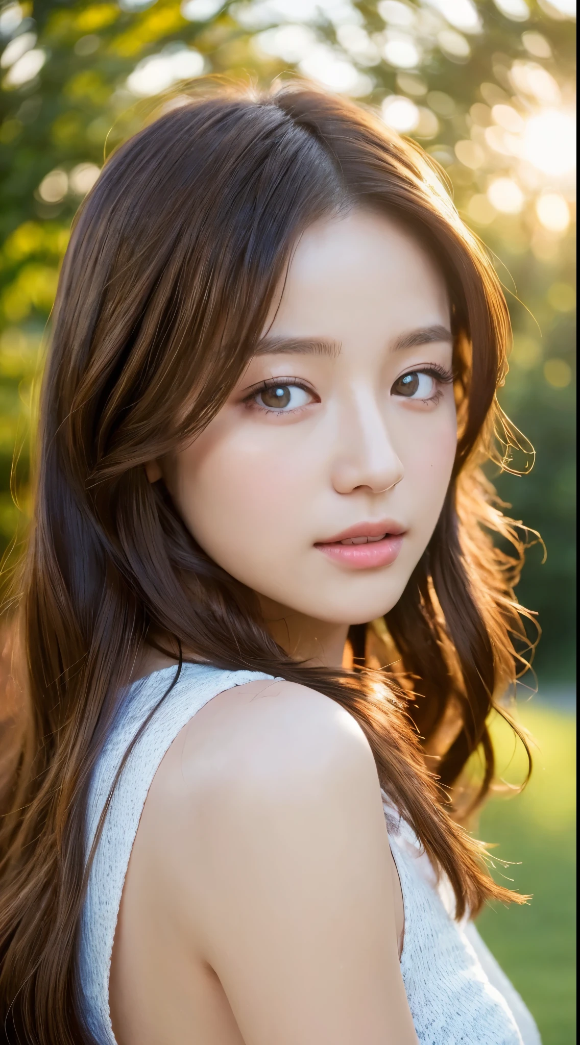 ((highest quality, 8K, masterpiece :1.3)), 1 girl, Pretty woman with emphasizing, light brown hair, go to the park in the evening, (Backlight :1.2), super detailed face, fine eyes, double eyelid