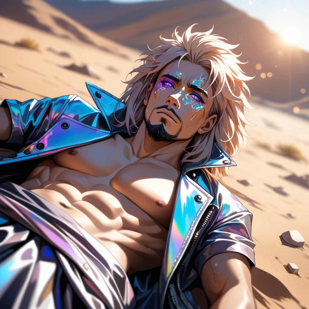 ((1man)), a sad and desperate lion man in the desert, handsome face, body is broken with scars, laying on the ground, 8K, (dynamic perspective), sharp focus, (depth of field, bokeh:1.3), extremely detailed eyes and face, beautiful detailed eyes, hyperpunk scene, cinematic lighting, reflective transparent iridescent opaque jacket, long transparent iridescent mane, ((masterpiece, best quality)), from above, upper body, navel, muscular