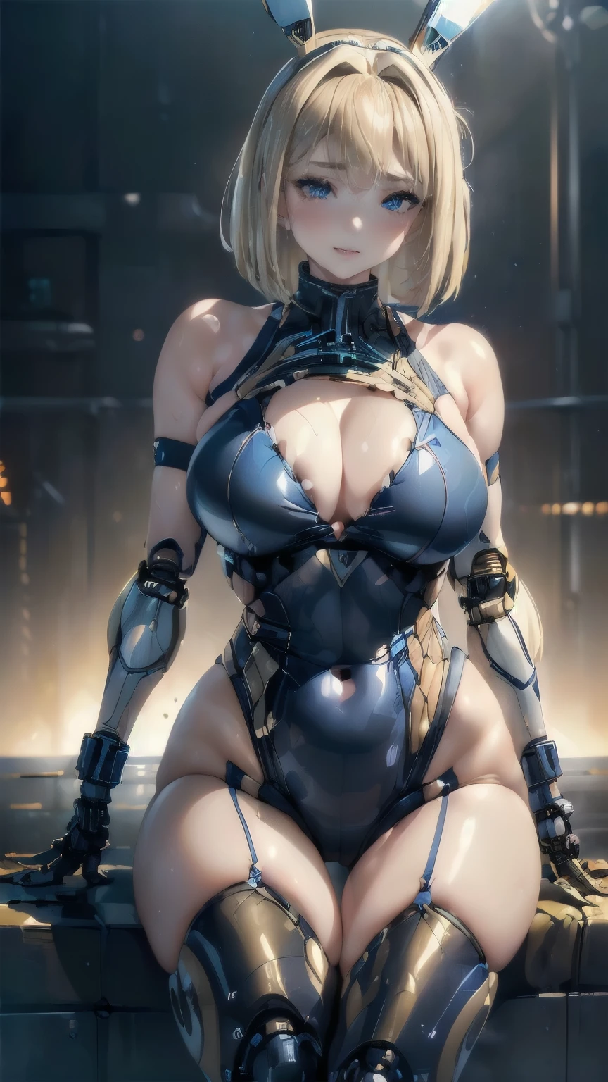 ((1girl in:1.5)),((cybernetic body:1.5)),(Highest image quality, excellent details, Ultra-high resolution, (Realism: 1.4), The best illustrations, favor details, One girl highly condensed,(presence:1.5),(Dynamic:1.5),(Bold:1.5)),(((blonde bob hair:1.5))),((blue eye:1.2)),(mechanical bunny ears headband:1.3),the background is a high-tech lighting scene of the futuristic city,