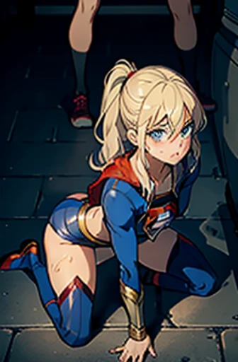 1 Supergirl vs. 1boy, 1 girl kneeling in front of the boy, from the image above, POV, Focus sur Girl in Action, bombement, sous renflement, Splendide fille tenant un renflement, caught, regardant le spectateur les yeux mi-clos, Detailed green eyes, rougir, very embarrassed, bouche ouverte