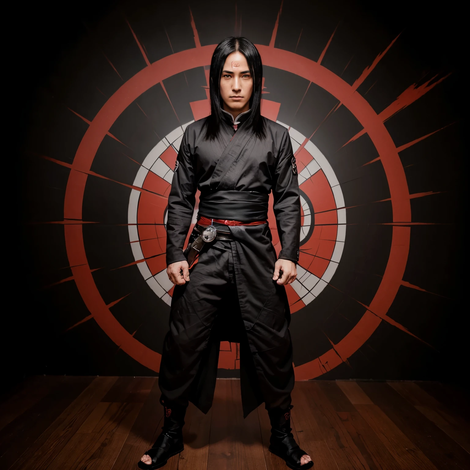 ' Design a powerful wallpaper showcasing the formidable (("Itachi Uchiha")). Itachi should be depicted in a captivating and commanding pose, with his Sharingan activated. The background should feature the Sharingan, creating an aura of intensity and power. Ensure the wallpaper exudes an aura of strength and captivates the viewer with its visual impact.
