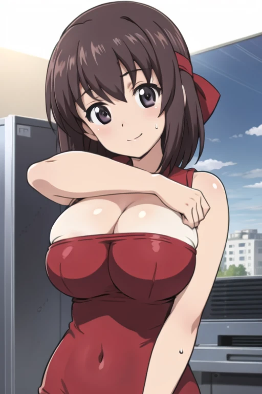 (anime cels style, best quality, high resolution, megami magazine, anime poster style, sharp, photorealistic), (beautiful eyes:1.2), kondou_taeko, Girls und Panzer, 1girl, solo, smile, gray eyes, brown medium hair, hair intakes, red headband, (sagging huge :1.5), (wet, Volleyball uniform, sleeveless), (upper body, standing), (perfect detailed anatomy, beautiful face, perfect body, perfect arms, shiny skin), sunshine, bluesky,