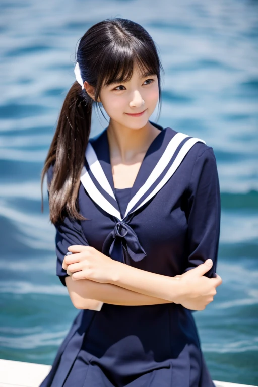 beautiful japanese girl　ＪＣ　younger sister　Shyness　Glossy black ponytail　white skin　tight chest　full body image　Navy blue sailor uniform　Honors Type