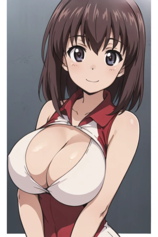 (anime cels style, best quality, high resolution, megami magazine, anime poster style, sharp, photorealistic), (beautiful eyes:1.2), kondou_taeko, Girls und Panzer, 1girl, solo, smile, gray eyes, brown medium hair, hair intakes, red headband, (sagging huge breast:1.5), (wet, Volleyball uniform, sleeveless), (upper body, standing), (perfect detailed anatomy, beautiful face, perfect body, perfect arms, shiny skin), sunshine, bluesky, 