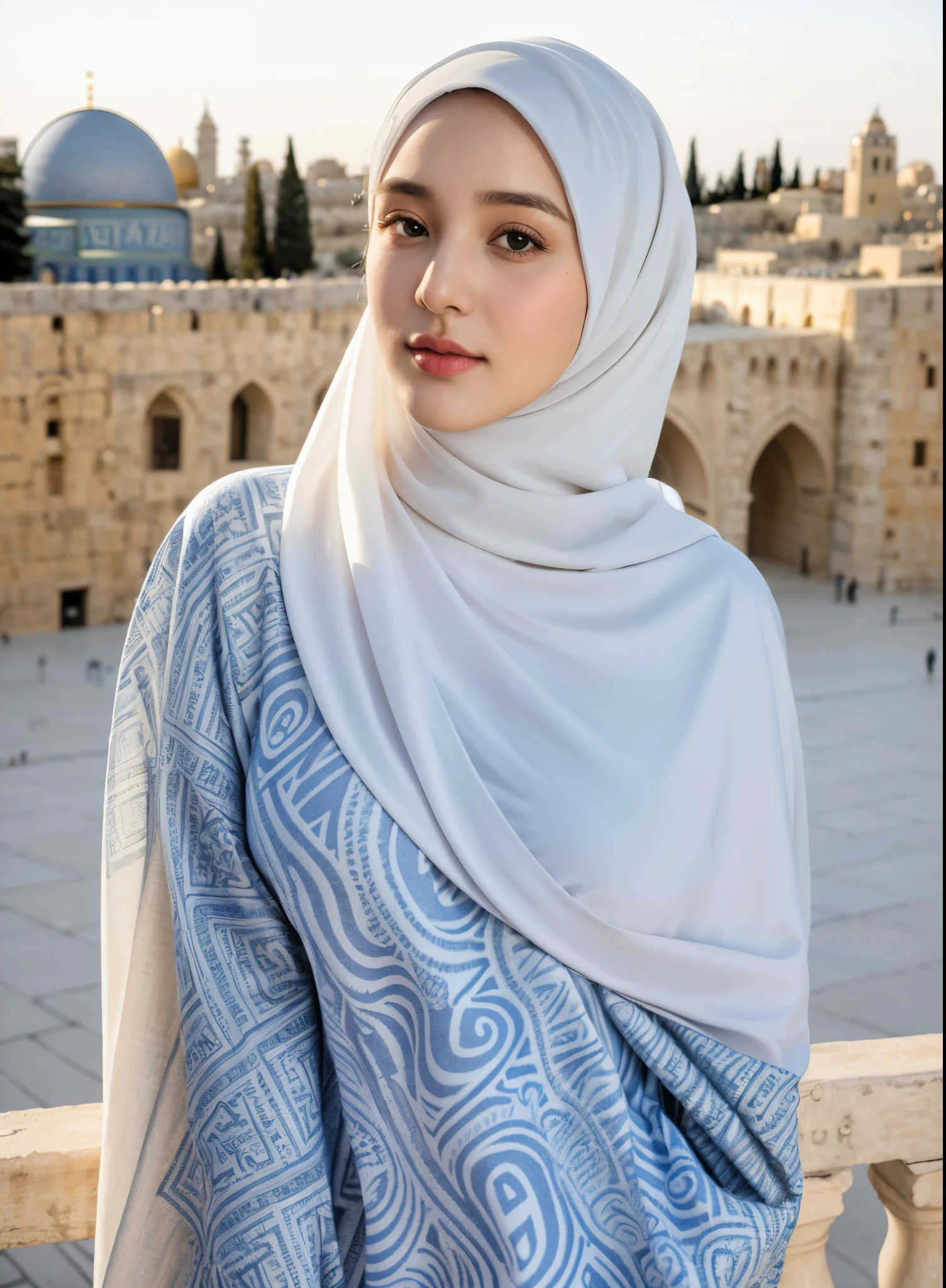 RAW photo of a 24 year old girl wearing hijab, long sleeve t-shirt with jeansl, hijab face portrait,((Jerusalem  background)), 8k uhd, dslr, soft lighting, high quality, film grain, Fujifilm XT3, covered dress, patterned dress, gigantic breasts:1.5, 