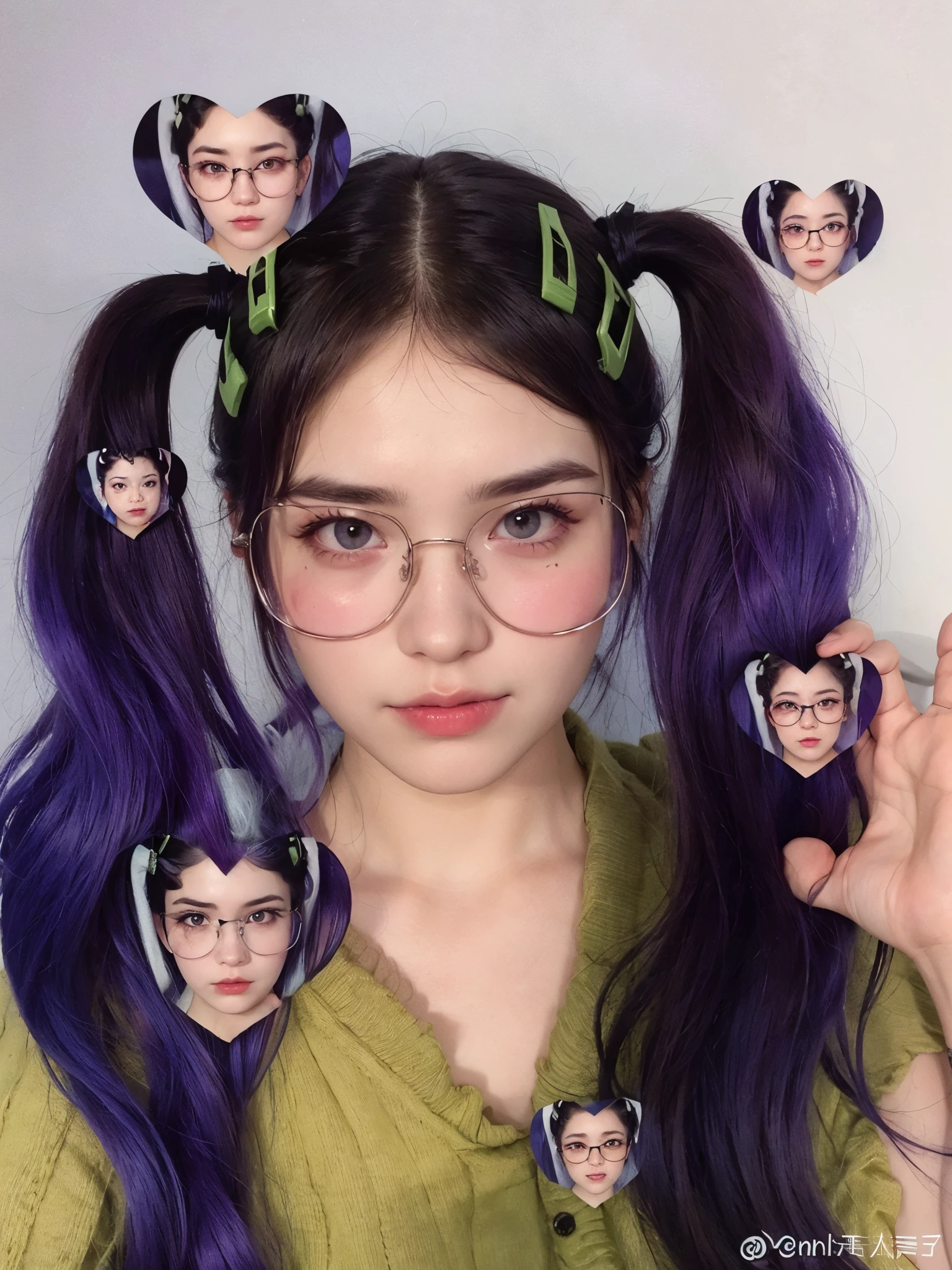 arafed woman with purple hair and glasses holding up a pair of scissors, twintails hairstyle, pigtails hairstyle, looks like a mix of grimes, two pigtails hairstyle, ulzzang, colorful pigtail, resembling a mix of grimes, pigtails hair, harajuku hair, looks a blend of grimes, she looks like a mix of grimes