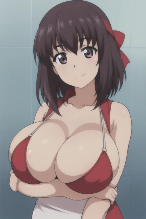 (anime cels style, best quality, high resolution, megami magazine, anime poster style, sharp, photorealistic), (beautiful eyes:1.2), kondou_taeko, Girls und Panzer, 1girl, solo, smile, gray eyes, brown medium hair, hair intakes, red headband, (sagging huge breast:1.5), (wet, Volleyball uniform, sleeveless), (upper body, standing), (perfect detailed anatomy, beautiful face, perfect body, perfect arms, shiny skin), sunshine, bluesky, 