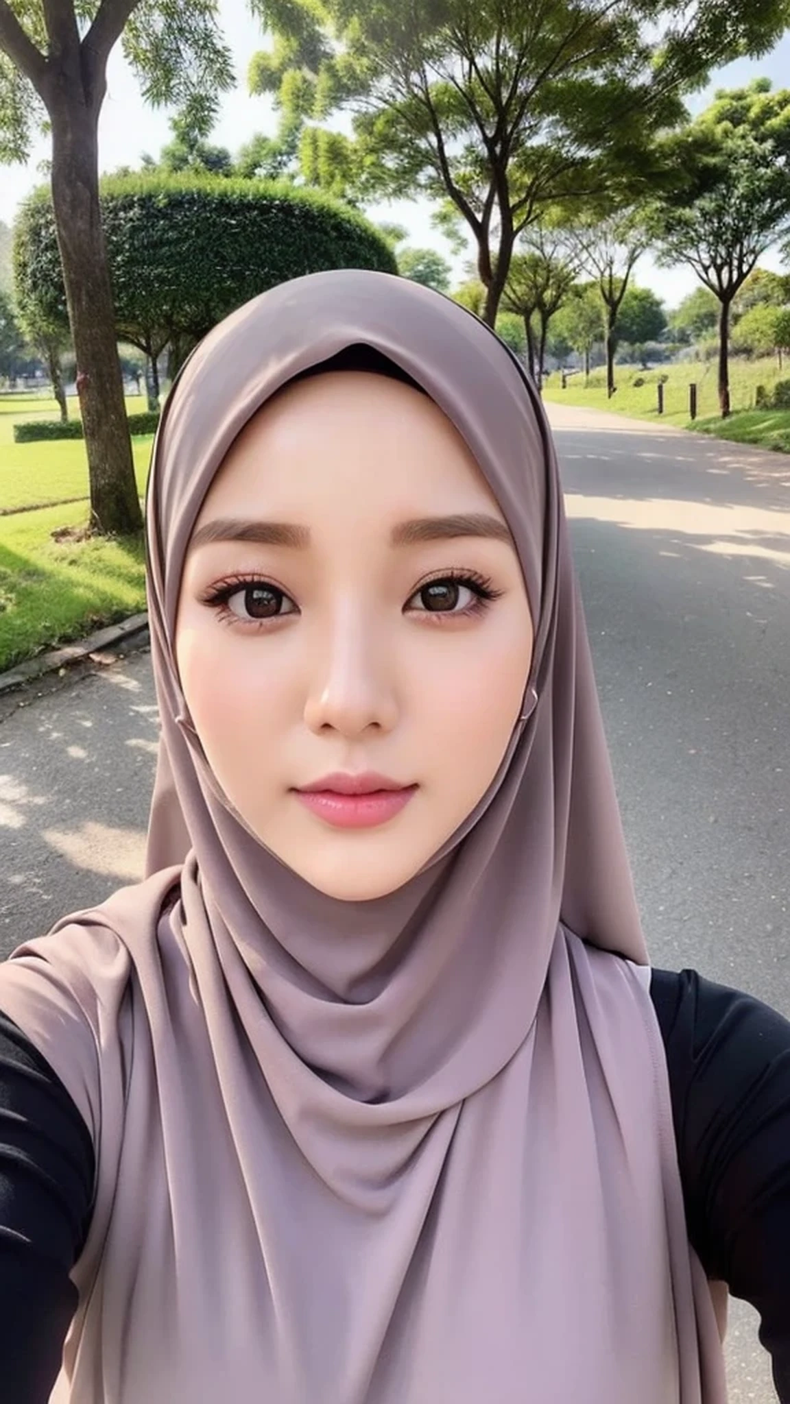 Beautuful Women、hijab, indonesian, realistic, ultra detailed face, 8K、selfee、outside, roads, tree、The face is cute、Vanrak Ayyans appears. beautiful、alone