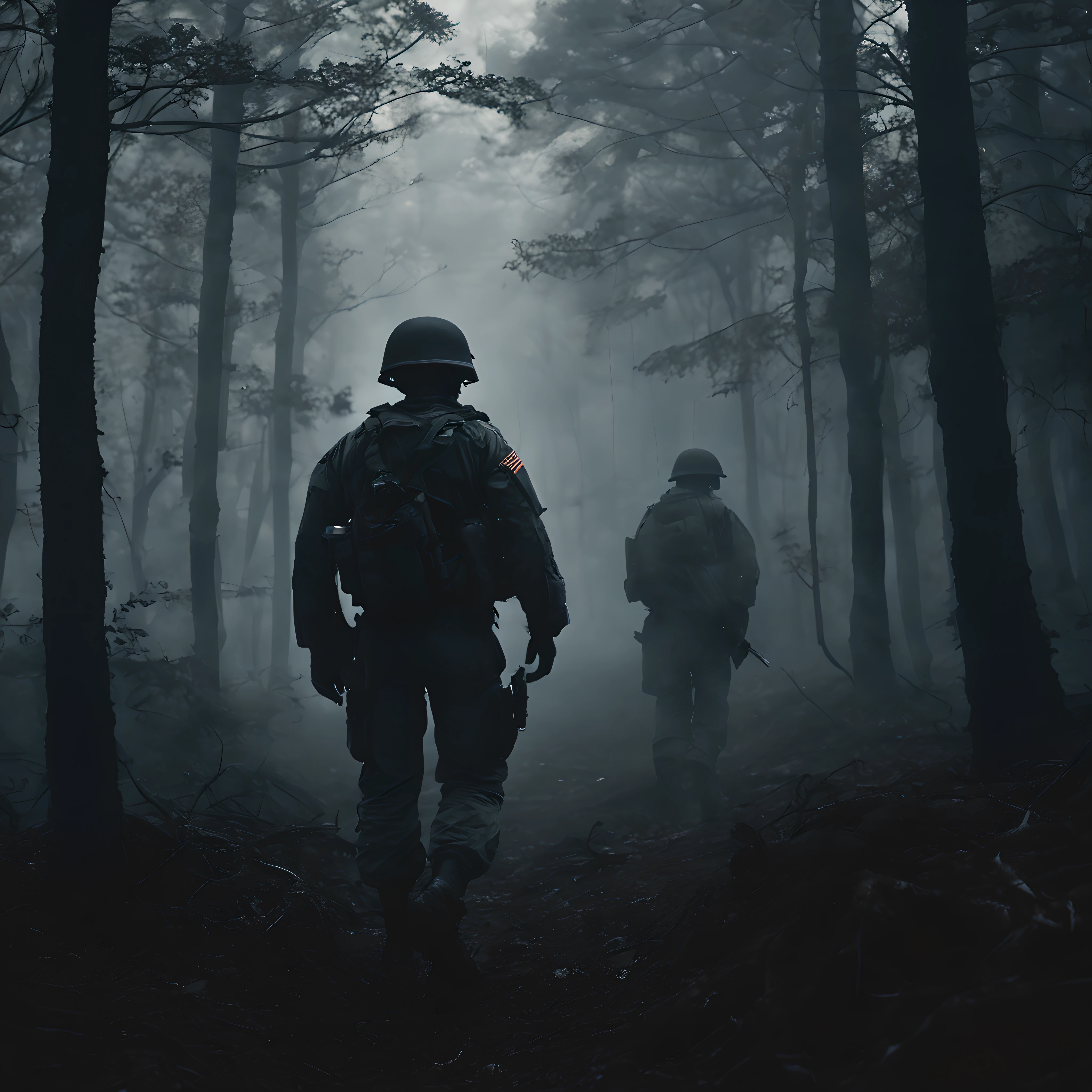 Create a chilling image inspired by the atmospheres created by literary masters Stephen King and filmmaker M.. Noche Shyamalan, ambientado en una penumbra, bosque inquietante. The composition should captivate viewers with its haunting beauty and elements of suspense..

In the center of the composition., there should be an american military soldier, visiblemente asustado y desorientado, como atrapado en una pesadilla inexplicable. Sus expresiones faciales deben transmitir miedo., mientras que su uniforme y su entorno deben establecer claramente su identidad.

The dark background should serve as an ominous backdrop to intensify the feeling of foreboding.. The dense fog should envelop everything., making it difficult to distinguish what is hidden beyond the soldier. oscuridad, siluetas, y los detalles sutiles deben enfatizar lo inquietante, mysterious atmosphere.

En medio de la densa niebla, There should be transparent objects sliding through the air.. These spectral entities should increase the feeling of surrealism and unease., Interact with the environment and the soldier in ways that defy natural laws..