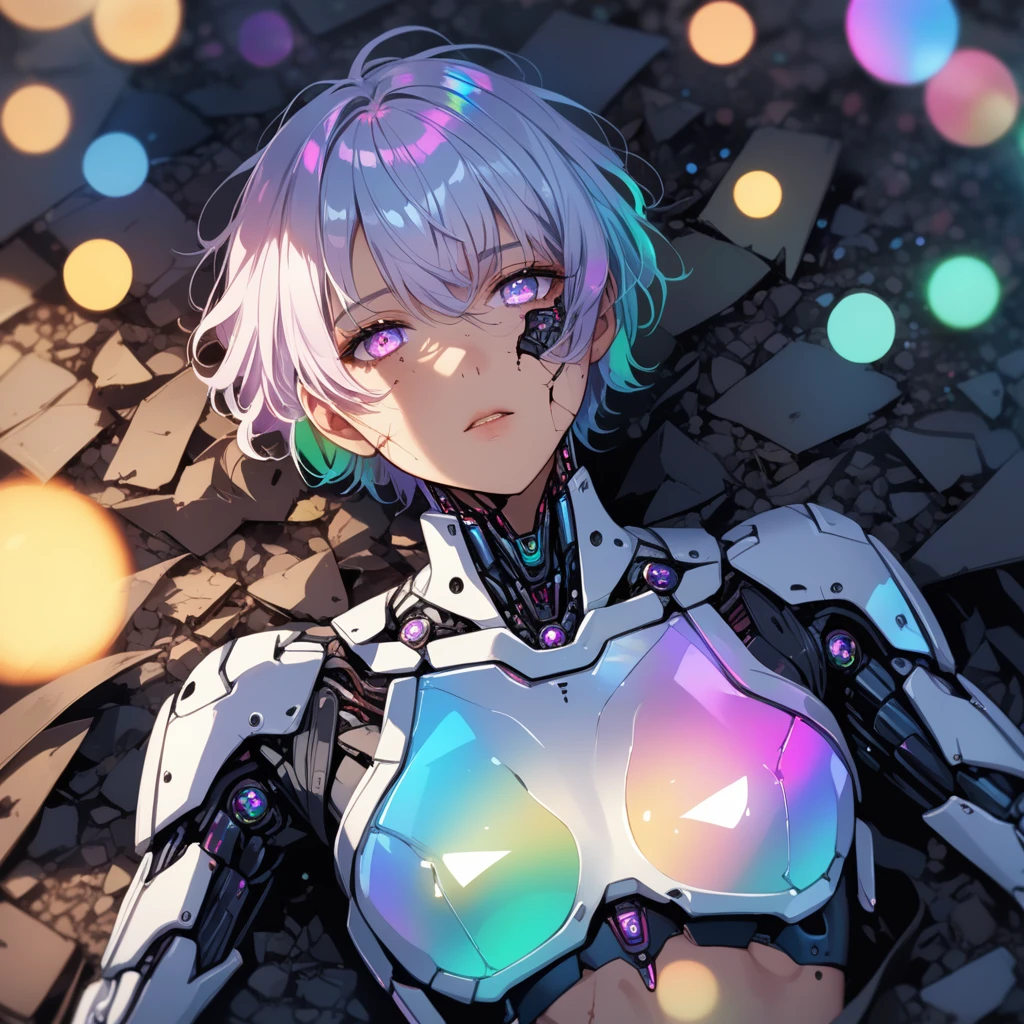 ((1man)), a broken ruined cyborg adult man in a landfill, robot, beautiful face, body is broken with scars and holes, laying on the ground, 8K, (dynamic perspective), sharp focus, (depth of field, bokeh:1.3), extremely detailed eyes and face, beautiful detailed eyes, hyperpunk scene, cinematic lighting, reflective transparent iridescent opaque jacket, long transparent iridescent RGB hair, ((masterpiece, best quality)), from above, upper body, navel, short hair, femboy