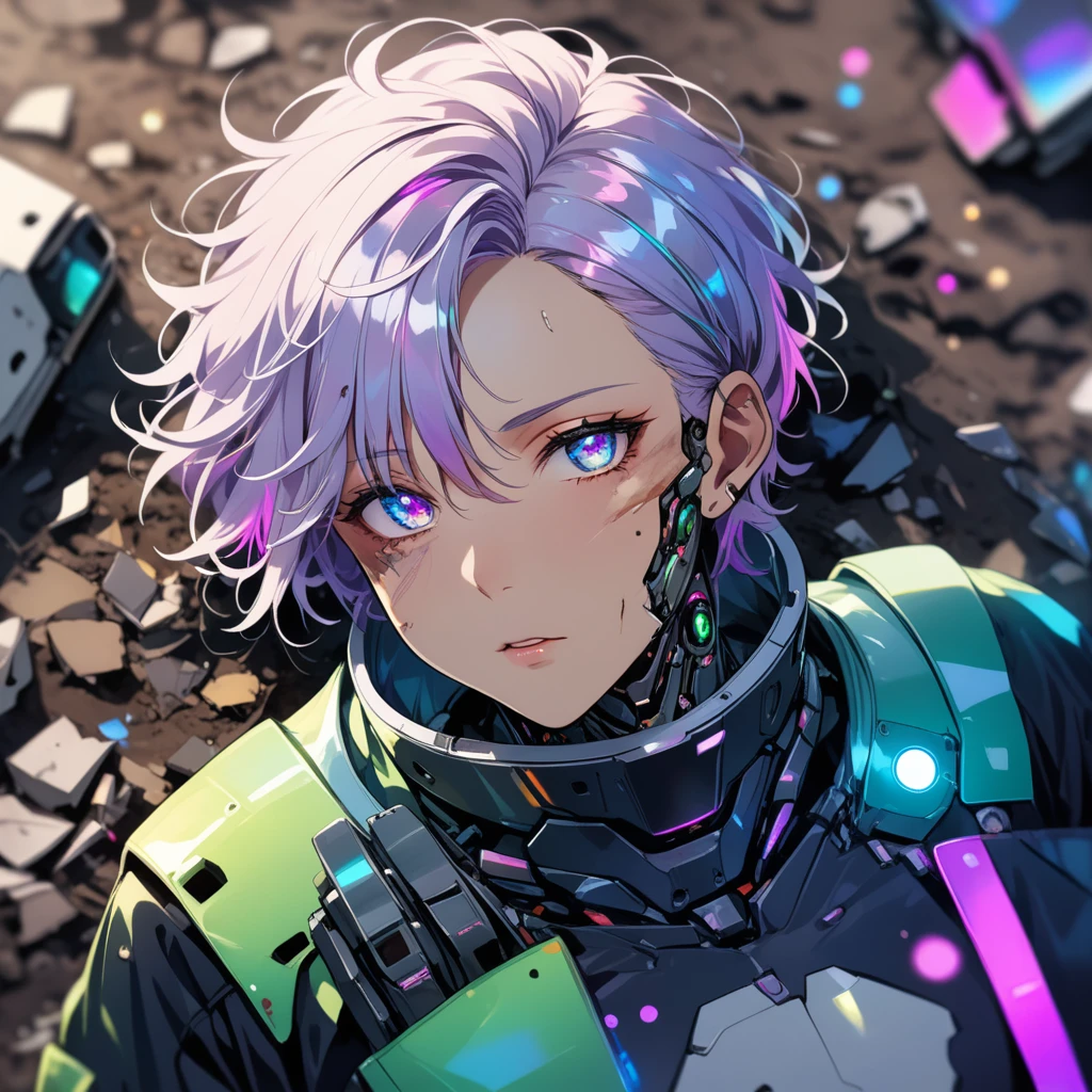 1 boy, young alien boy, messy short green hair and a soft, luminous pink eyes, green skin, futuristic clothes, blushing