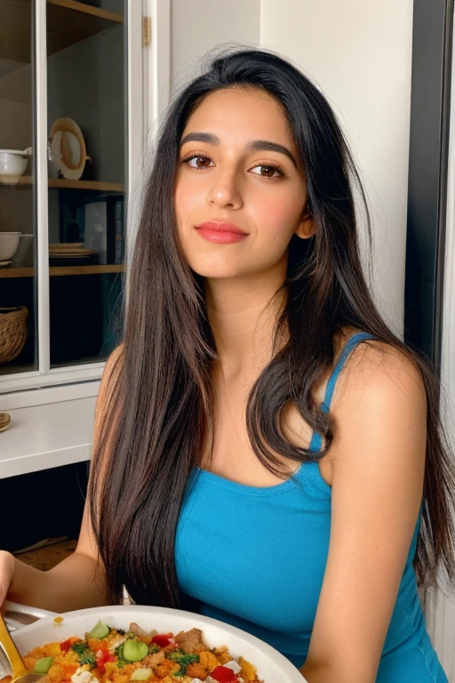 A 30-year-old woman of mixed Indian and Moroccan , long hair , very realistic, chilling at home. cooking