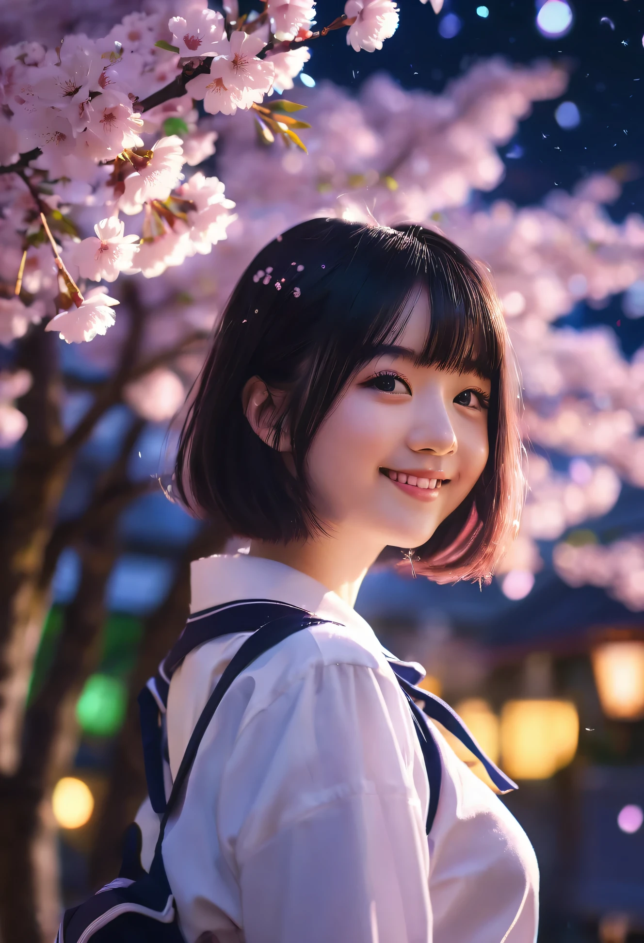 1girl,18yo,youngwoman,cherryblossom,sakura,illumination,night,smiling,joyfulexpression,brighteyes,rosycheeks,bobhaircut,blackhair,schooluniform,pleatedskirt,petalsdancinginthewind,bokeh,glowinglights,fantasyatmosphere,dreamy,animestyle,highlydetailed,digitalpainting,conceptart,softlight,vibrantcolors