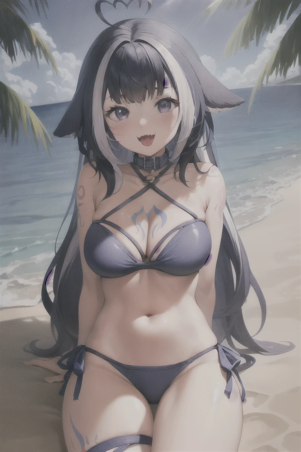 (masterpiece), (ultra-detailed), best quality, 8k, 1girl, solo, outdoors, beach, ocean, shylilybikini, :3, large breasts, cleavage, shirt, bikini, thigh strap, navel, halterneck, criss-cross halter, facial mark, tattoo, cetacean tail, sitting, thighs, open mouth, fangs, tongue out, tongue, bare arms, arms behind back, heart ahoge, 