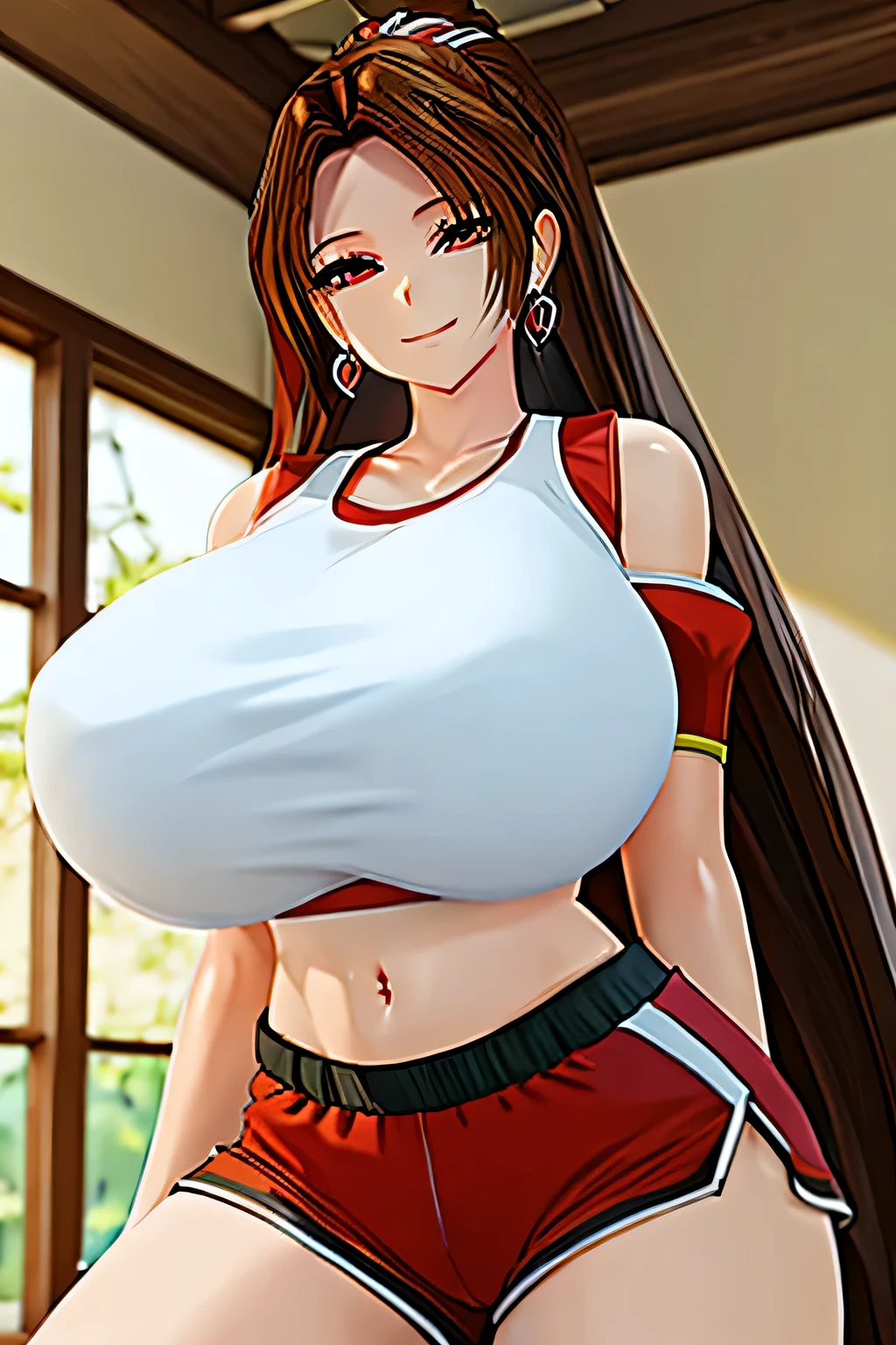 ((best quality)), ((masterpiece)), (detailed) , ((anime)), Girl, ((gigantic breasts)), long weawy hair,in the livingroom, earrings, (sportswear), (White top), red shorts,smiling