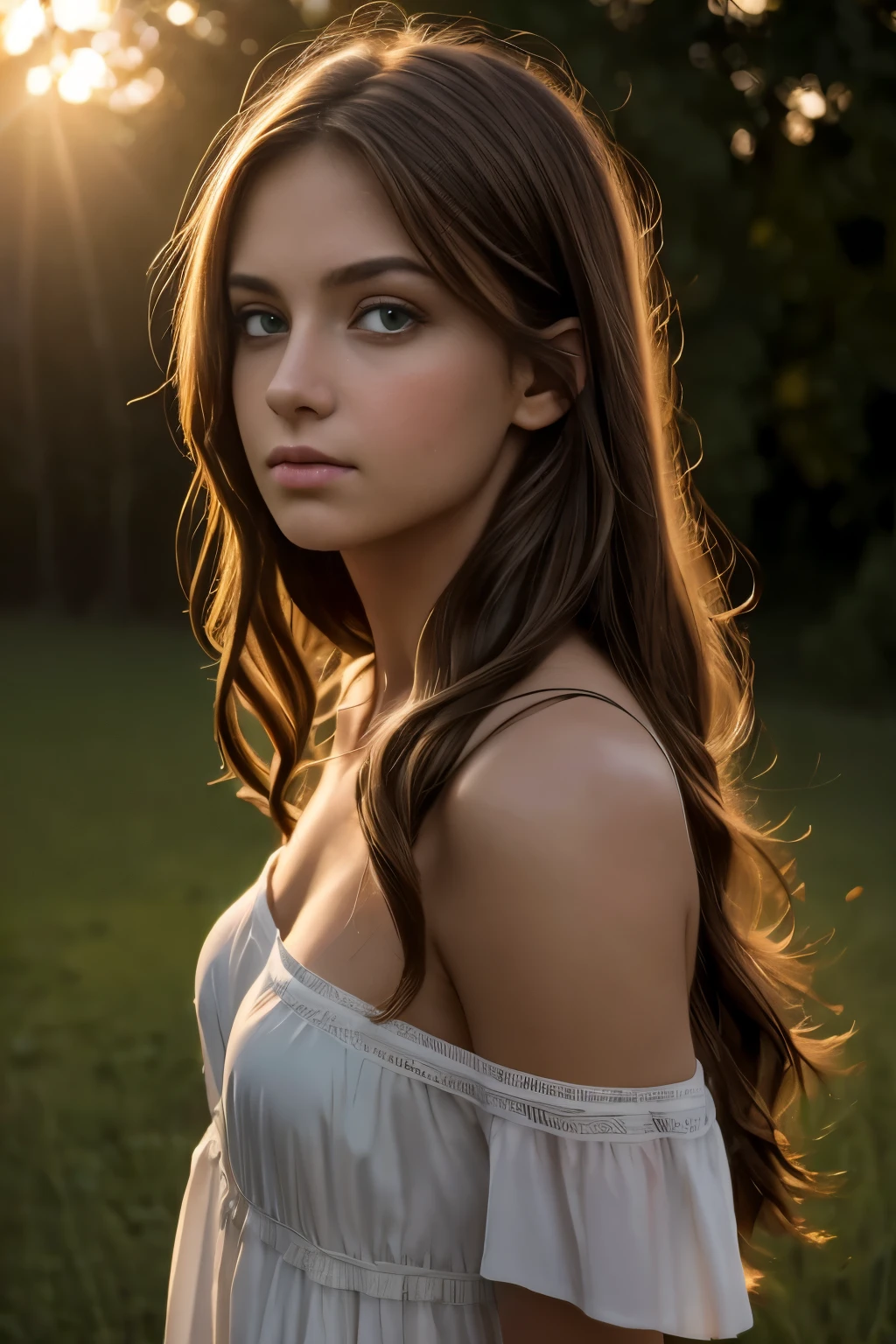 Best Quality, Masterpiece, Ultra High Resolution, (Realism: 1.4), Original Photo, egirl, Green Eyes, Off-the-Shoulders, Cinematic Lighting, brown Hair, At Sunset