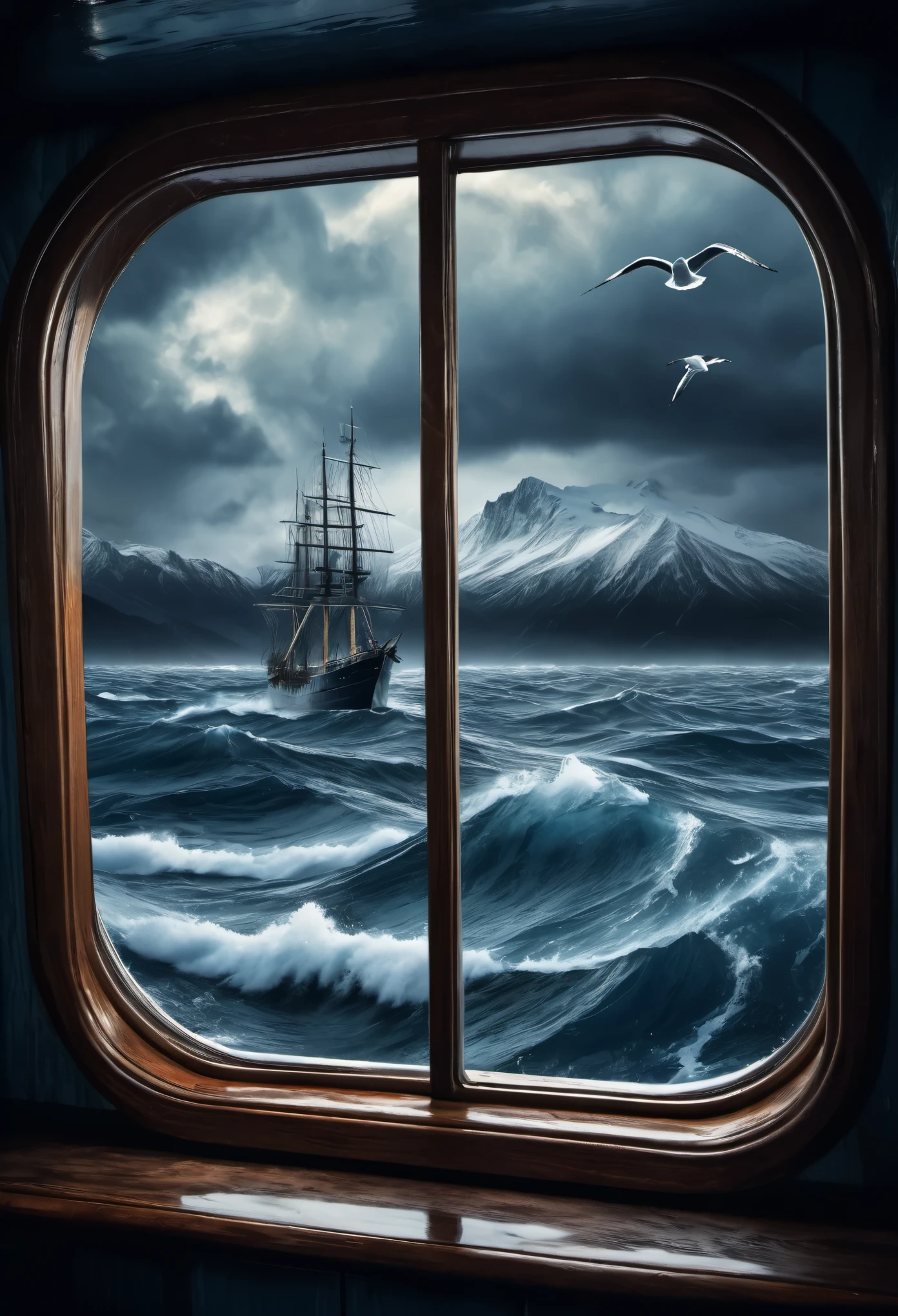 On the sea, there is an old ship in the distance. The window of cabin on board features surrealistic illustrations and a perspective composition. In winter, it has dark clouds covering mountains, rough water waves, seagulls flying over the sky, blue tones, wideangle shots, highlights, and mysterious emotions.