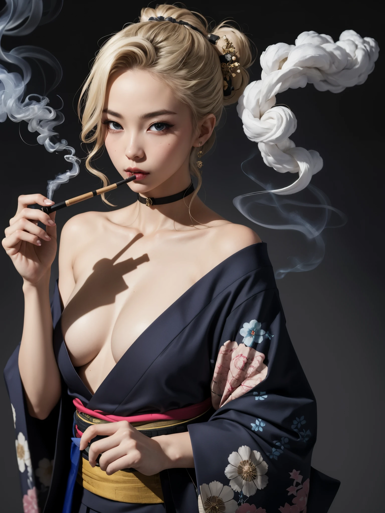 sexy woman wearing kimono smoking, BREAK, 1girl, blonde hair, kanzashi messy updo hair, fierce eyes, black kimono, bare shoulder, v-shaped eyebrows, smoking pipe, 