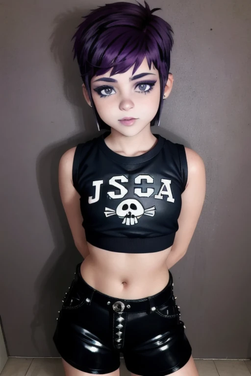 Hermosa chica adolesente , 17 years , modelo adolescente , chica rockera , short light brown hair , corte de cabello pixie , ojos color azul ,usa aretes de clip  , tiene pecas en mejillas y nariz ,lindo maquillaje , sombra de ojos color morado , labios rojos , jermosa sonrisa , usa gargantilla negra ,  viste camiseta morada sin mangas con imagen de calavera ,  cinturon blanco , falda color lila con patrones de cuadros ,   botas largas con tacon , toca guutarra electrica morada 