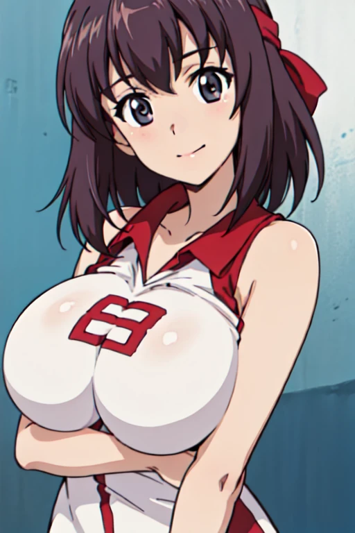 (anime cels style, best quality, high resolution, megami magazine, anime poster style, sharp, photorealistic), (beautiful eyes:1.2), kondou_taeko, Girls und Panzer, 1girl, solo, smile, gray eyes, brown medium hair, hair intakes, red headband, (sagging huge breast:1.5), (wet, Volleyball uniform, sleeveless), (upper body, standing), (perfect detailed anatomy, beautiful face, perfect body, perfect arms, shiny skin), sunshine, bluesky, 