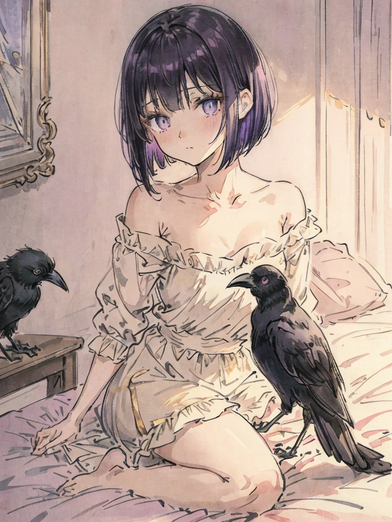 beautiful illustrations, highest quality, pretty girl, Bedroom, pastel colour, deep violet bob cut hair, crow stuffed animal, bright lighting, gold eyes
