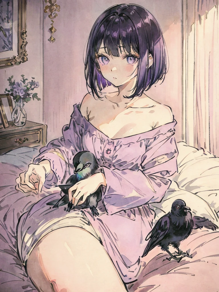 beautiful illustrations, highest quality, pretty girl, Bedroom, pastel colour, deep violet bob cut hair, crow stuffed animal, bright lighting, gold eyes