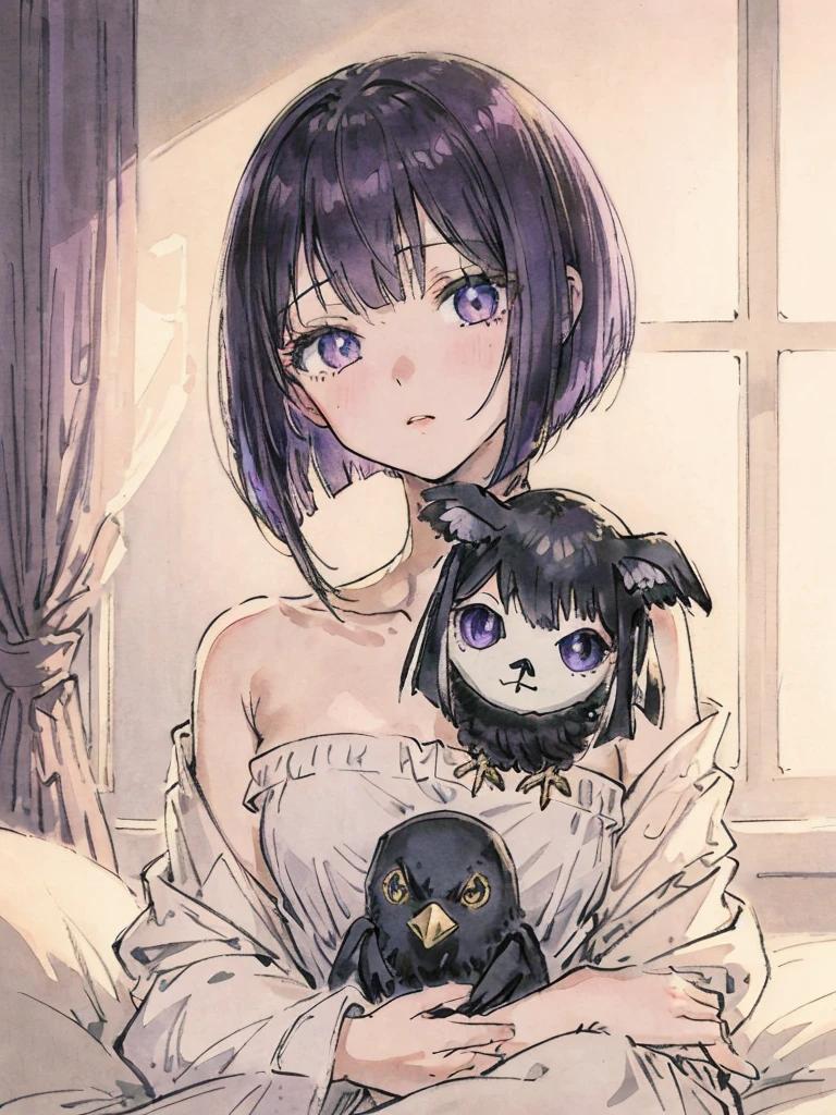 beautiful illustrations, highest quality, pretty girl, Bedroom, pastel colour, deep violet bob cut hair, crow stuffed animal, bright lighting, gold eyes