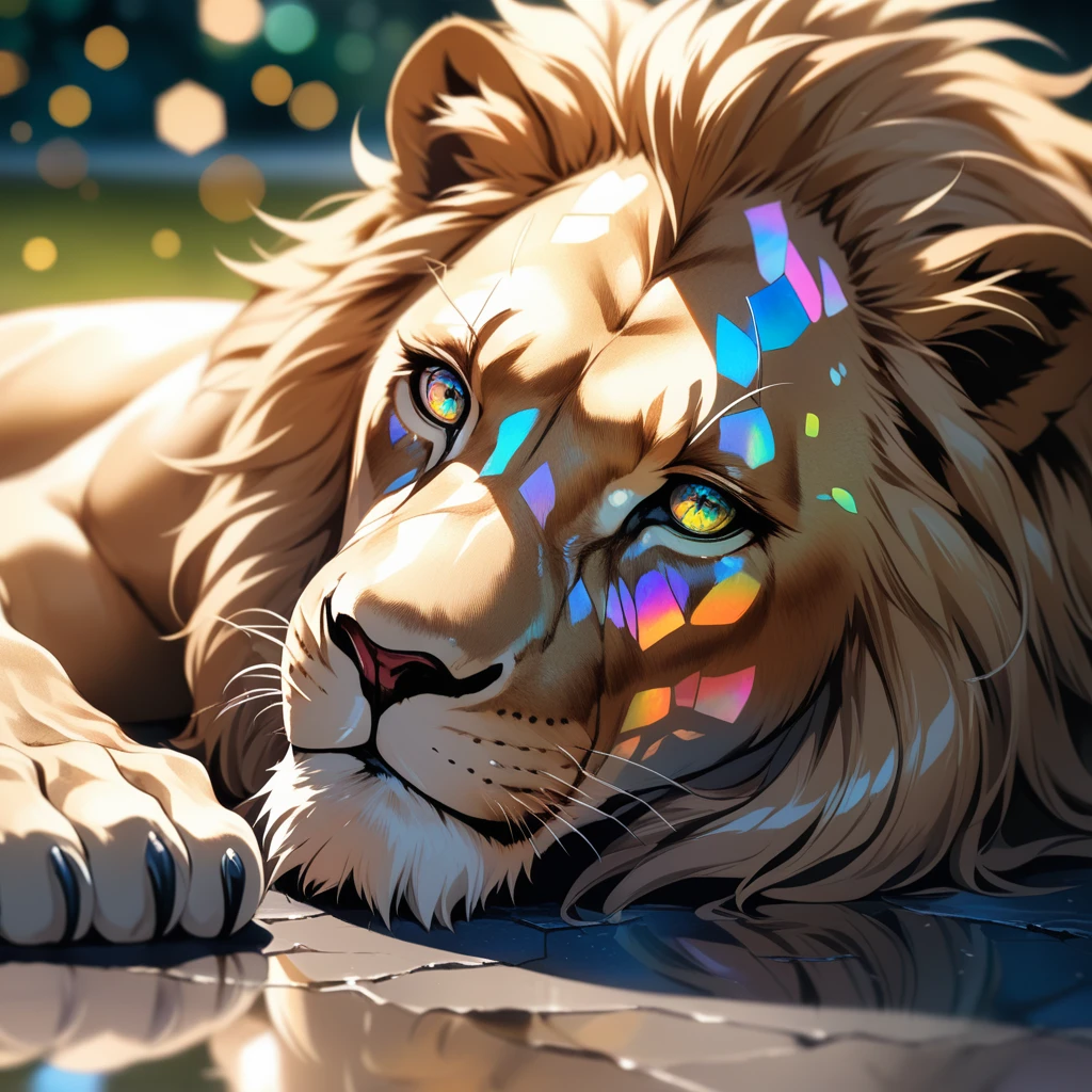 ((1man)), a sad and desperate lion man in a park, adult man, handsome face, body is broken with scars, laying on the ground, 8K, (dynamic perspective), sharp focus, (depth of field, bokeh:1.3), extremely detailed eyes and face, beautiful detailed eyes, cinematic lighting, reflective transparent iridescent opaque skin, long transparent iridescent mane, ((masterpiece, best quality)), from above, upper body, navel, muscular