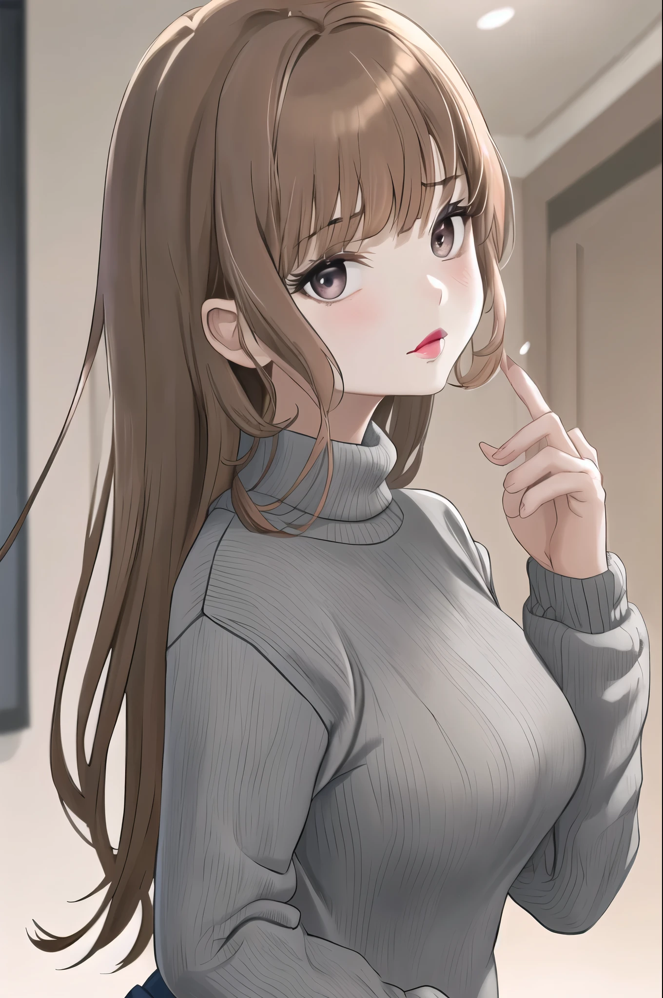 Girl, Long brown hair, gray eyes, sharp features, white skin, pink lips, sweater