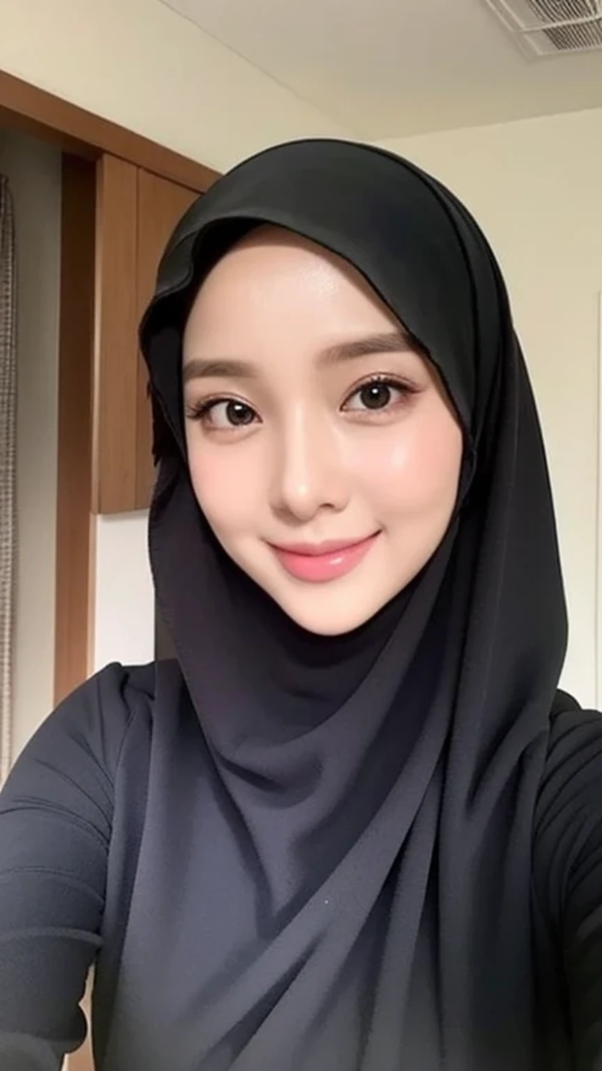 Beautuful Women、hijab, indonesian, realistic, ultra detailed face, 8K、selfee、a room, white room,The face is cute, smile, beautiful, alone, black, full body
